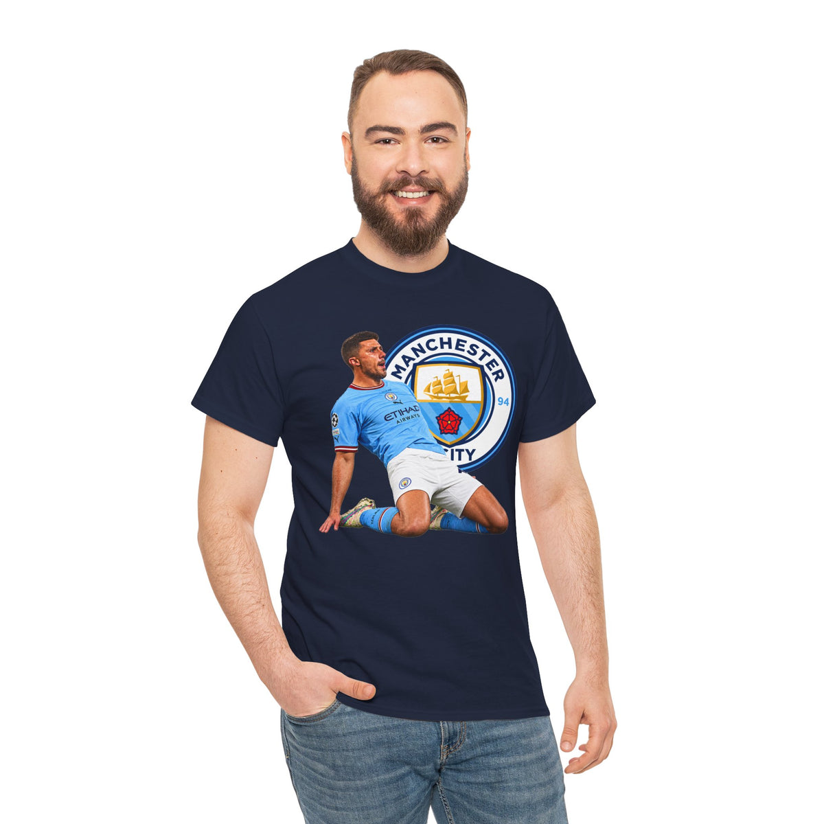 Rodri Manchester City Legend Cotton T-Shirt – Celebratory Slide Graphic Tee