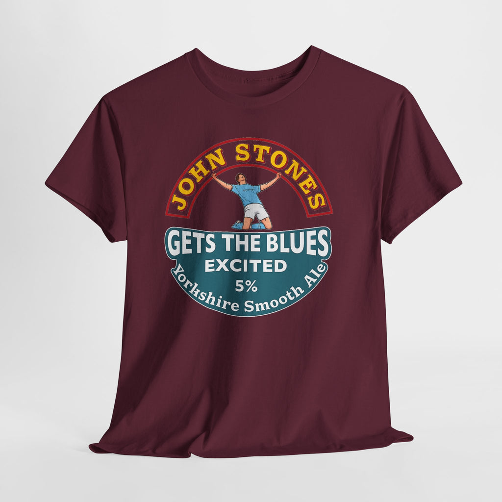 John Stones T-Shirt — "Gets The Blues Excited" Retro Ale Parody Tee
