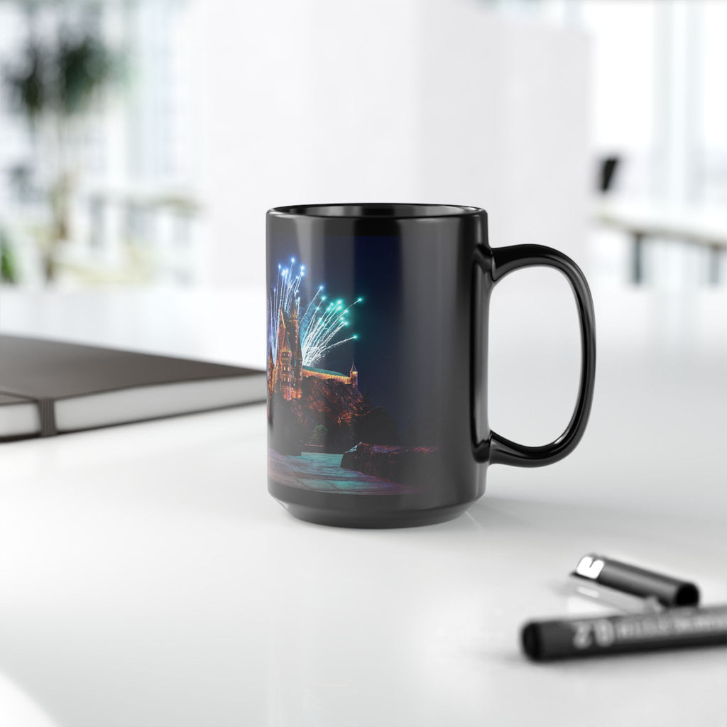 Hogwarts Castle Fireworks Night Black Mug — Castle Nightscape Coffee Cup (11oz/15oz)