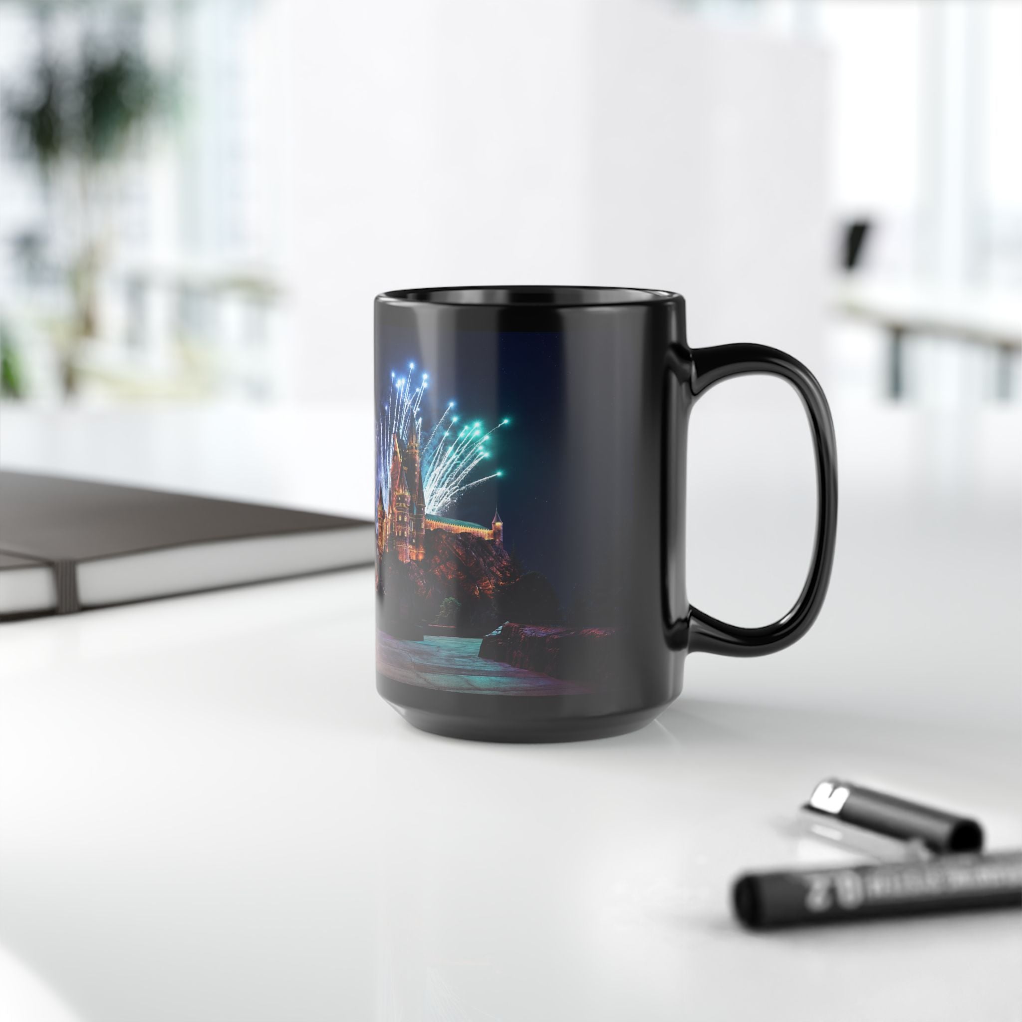 Hogwarts Castle Fireworks Night Black Mug — Castle Nightscape Coffee Cup (11oz/15oz)