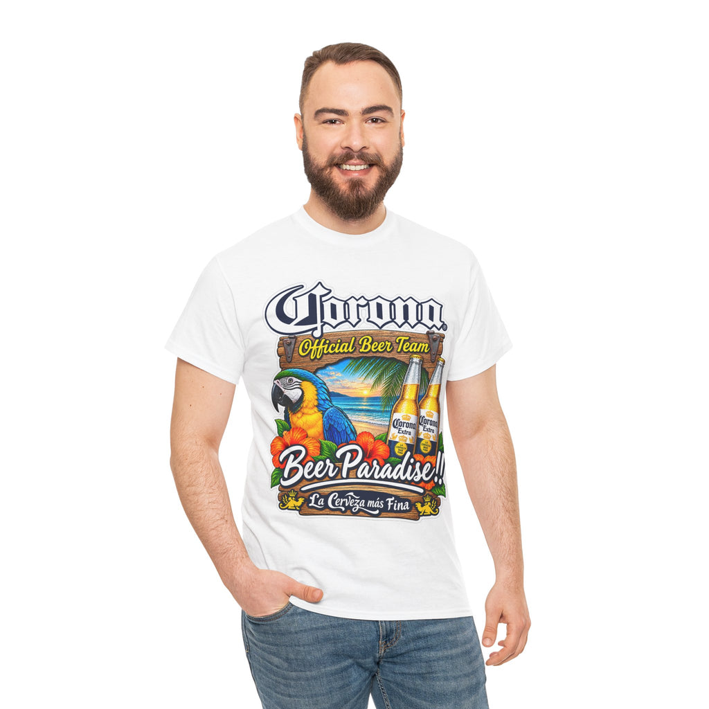 Corona Beer Paradise Tee — Tropical Parrot Beach Beer T‑Shirt