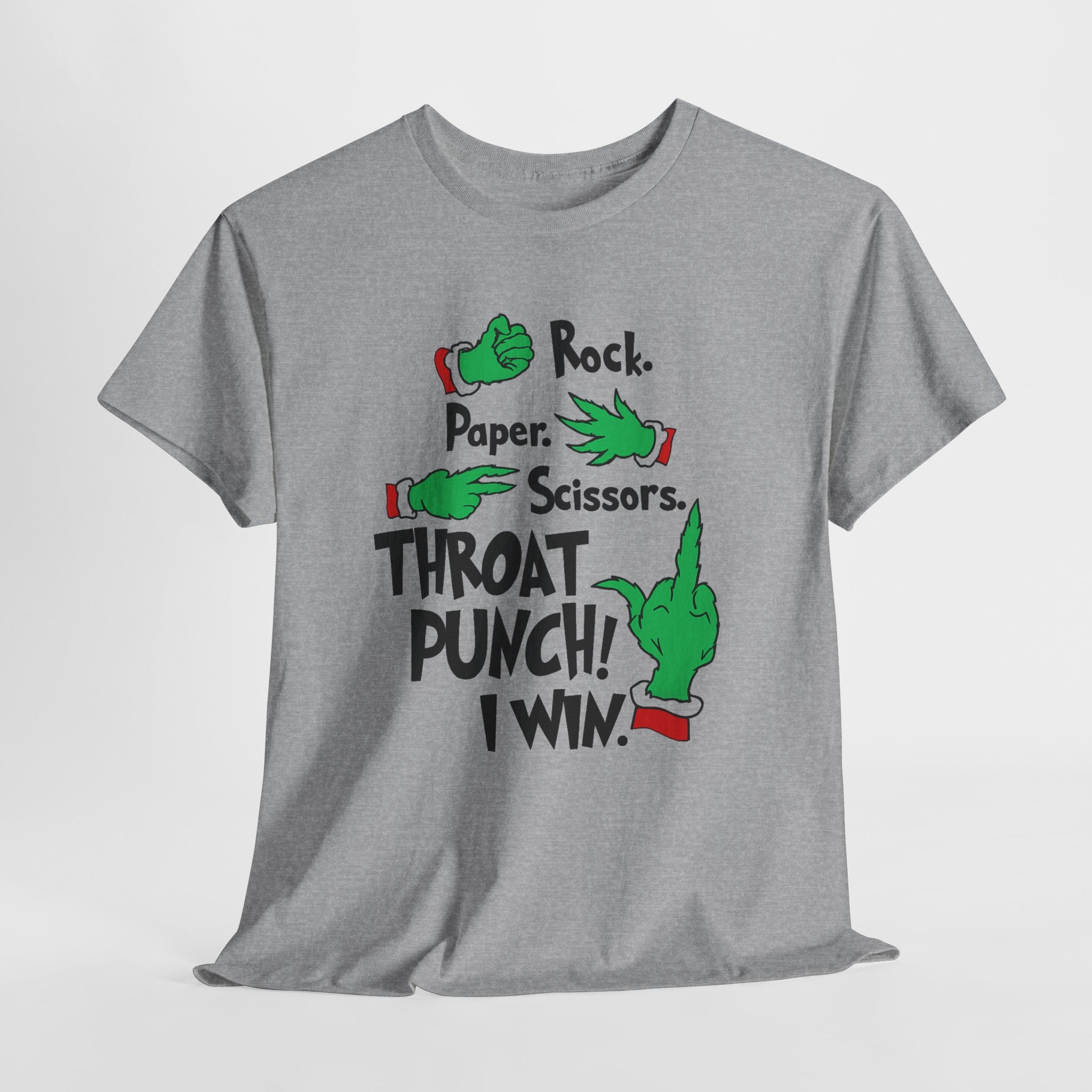 Funny Holiday Tee — "Rock. Paper. Scissors. Throat Punch! I Win" Graphic T-Shirt