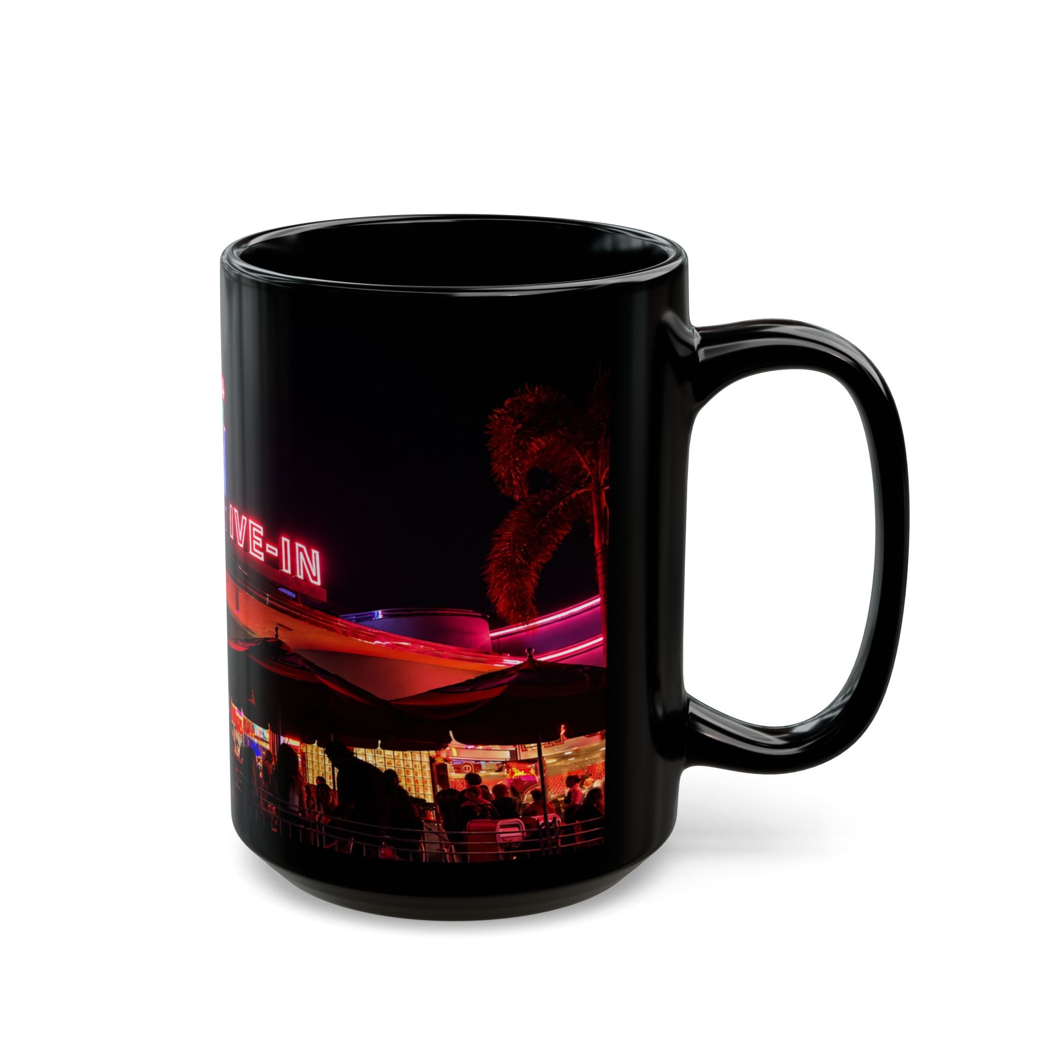 Mel's Drive-In Neon Night Coffee Mug — Retro Diner Black Ceramic Mug (11oz, 15oz)