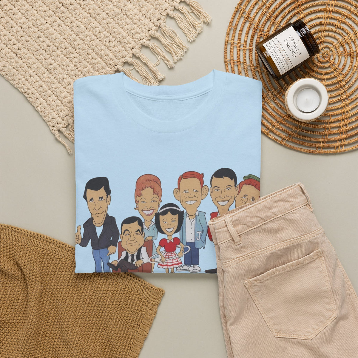 Happy Days Retro TV Cast Cartoon Tee - Vintage Sitcom Character Group Shirt