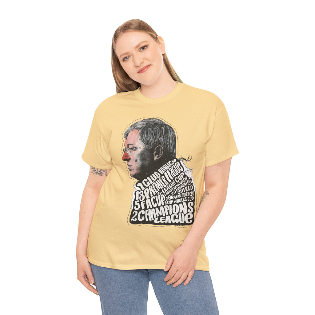 SIr Alex Ferguson Achievements Vintage Football Manager Profile Tee — Illustrated Head with Trophy Text Design