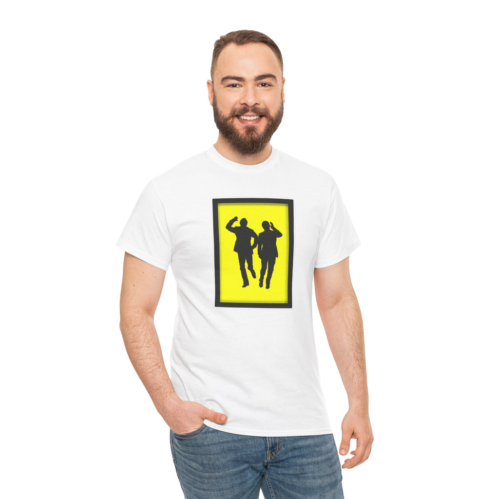 Morecambe and Wise Dancing Silhouette Tee – Retro Yellow Frame Graphic T-Shirt