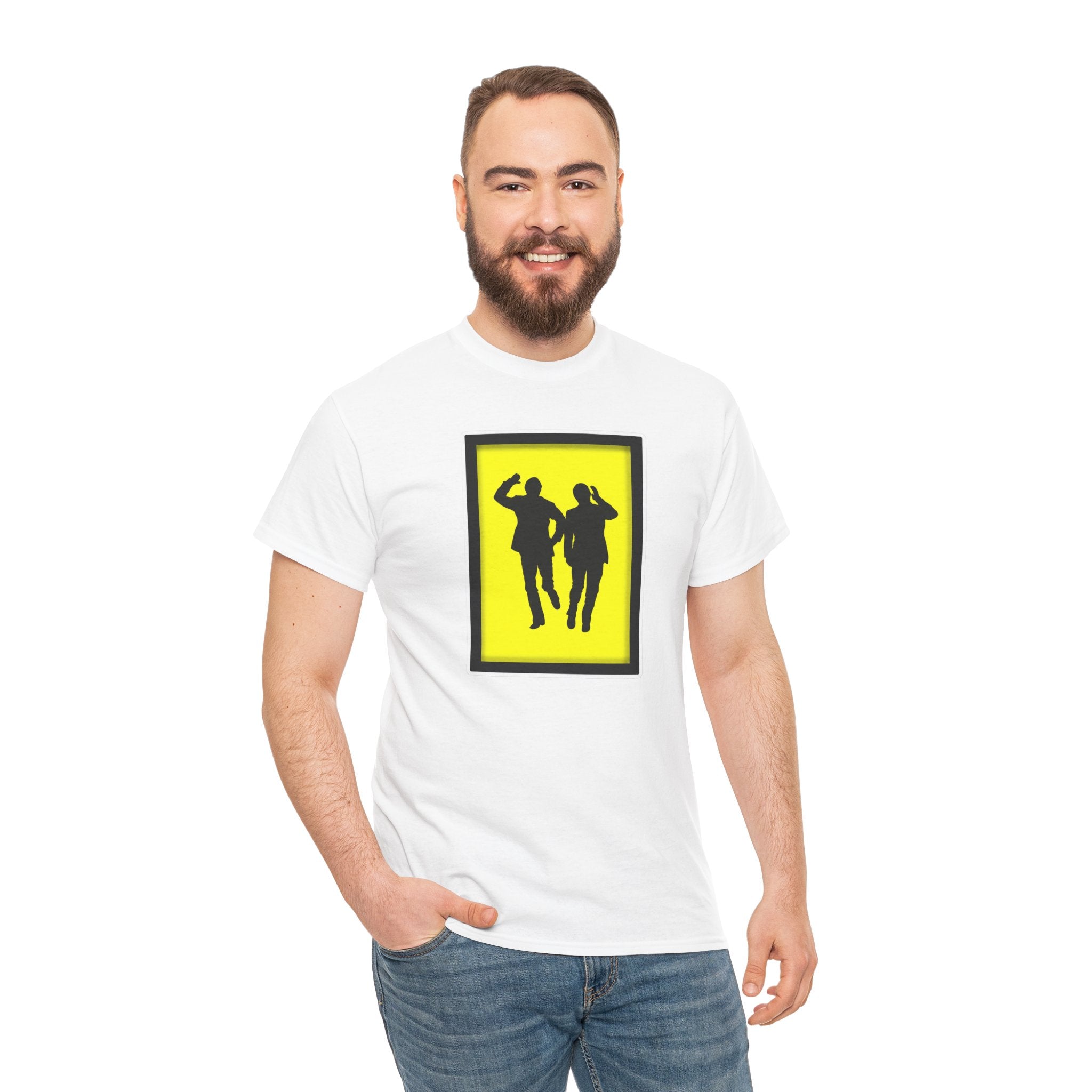 Morecambe and Wise Dancing Silhouette Tee – Retro Yellow Frame Graphic T-Shirt