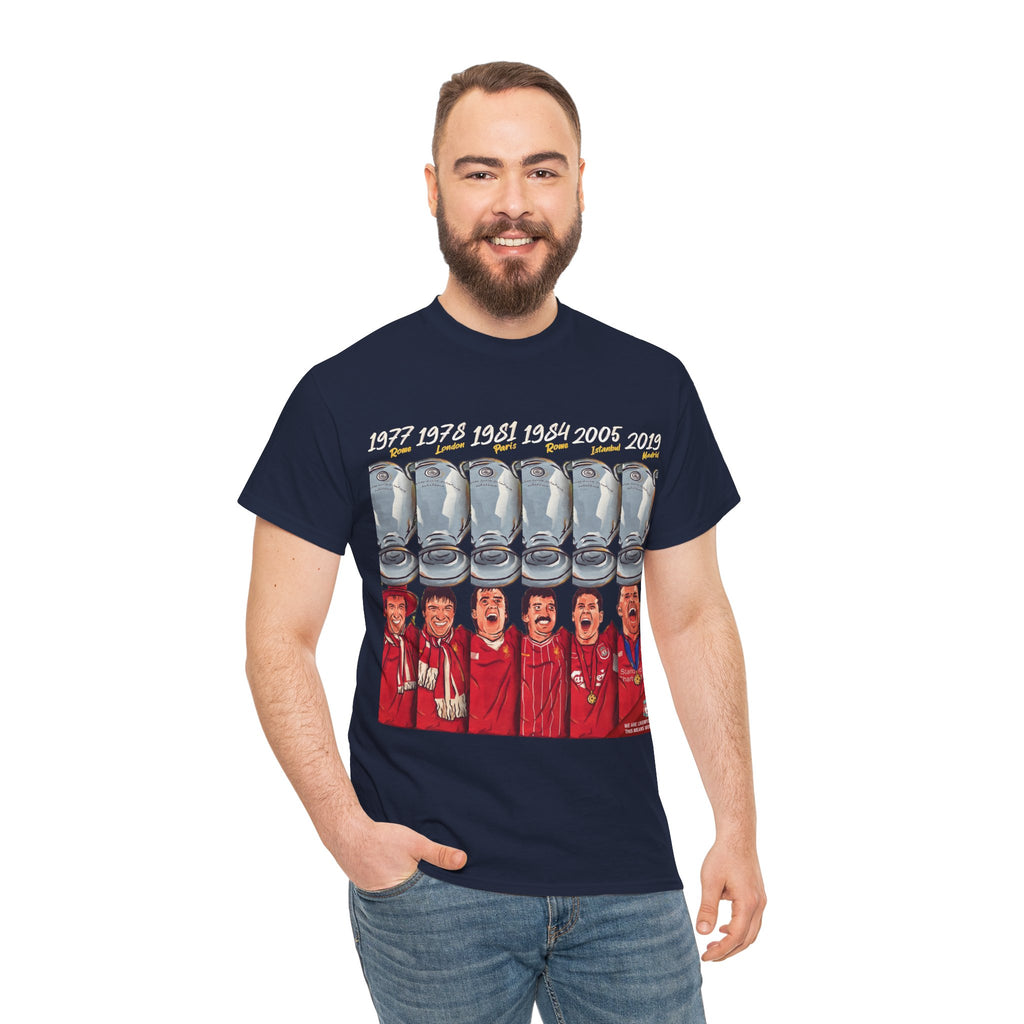 Liverpool Champions Timeline Tee — Liverpool European Cup Winners (1977, 1978, 1981, 1984, 2005, 2019)