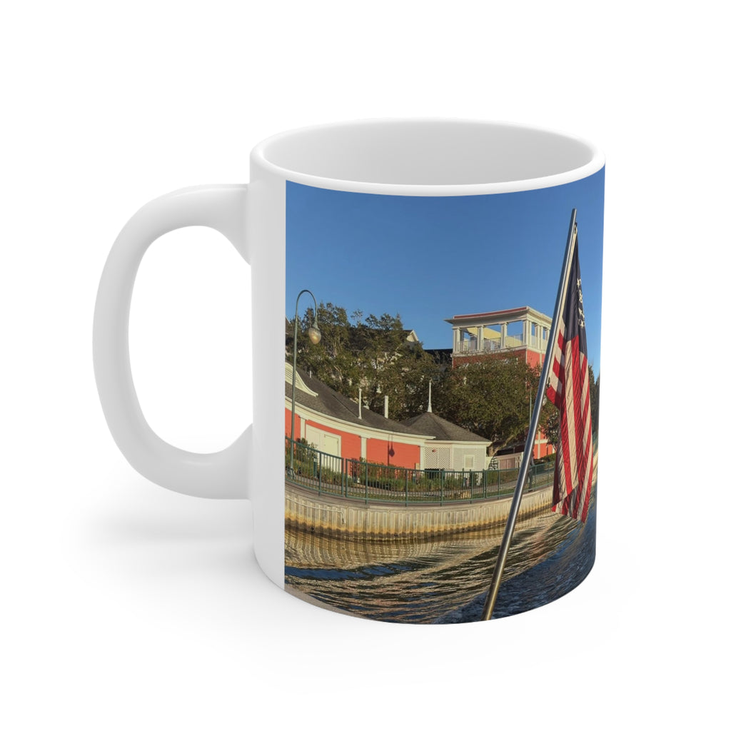 American Flag Waterfront Photo Ceramic Mug — Patriotic 11oz & 15oz Coffee Cup