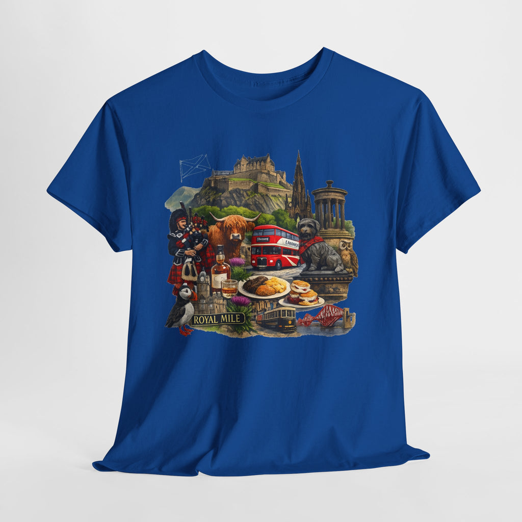 Scotland / Edinburgh Travel Collage T-Shirt — Edinburgh Castle, Bagpipes & Local Icons