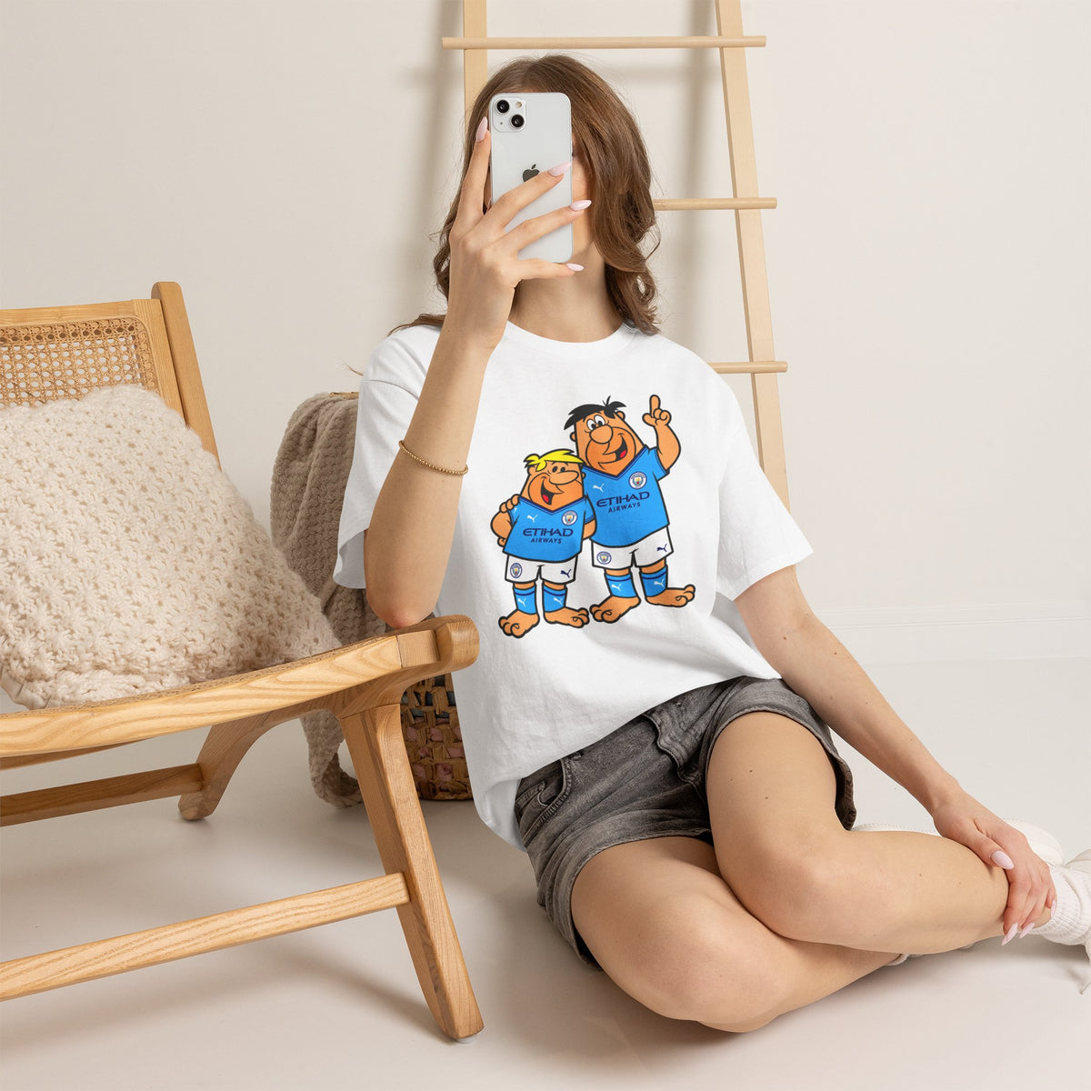 Manchester City The Flintstones Etihad Airways Cartoon Cotton T-Shirt