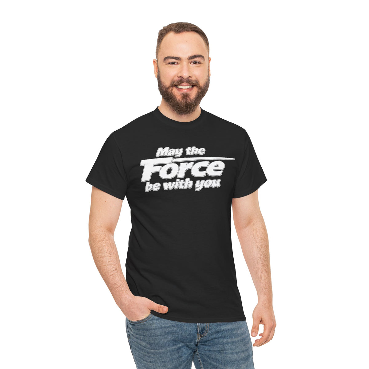 "May the Force Be With You" Retro Embossed Graphic T‑Shirt —