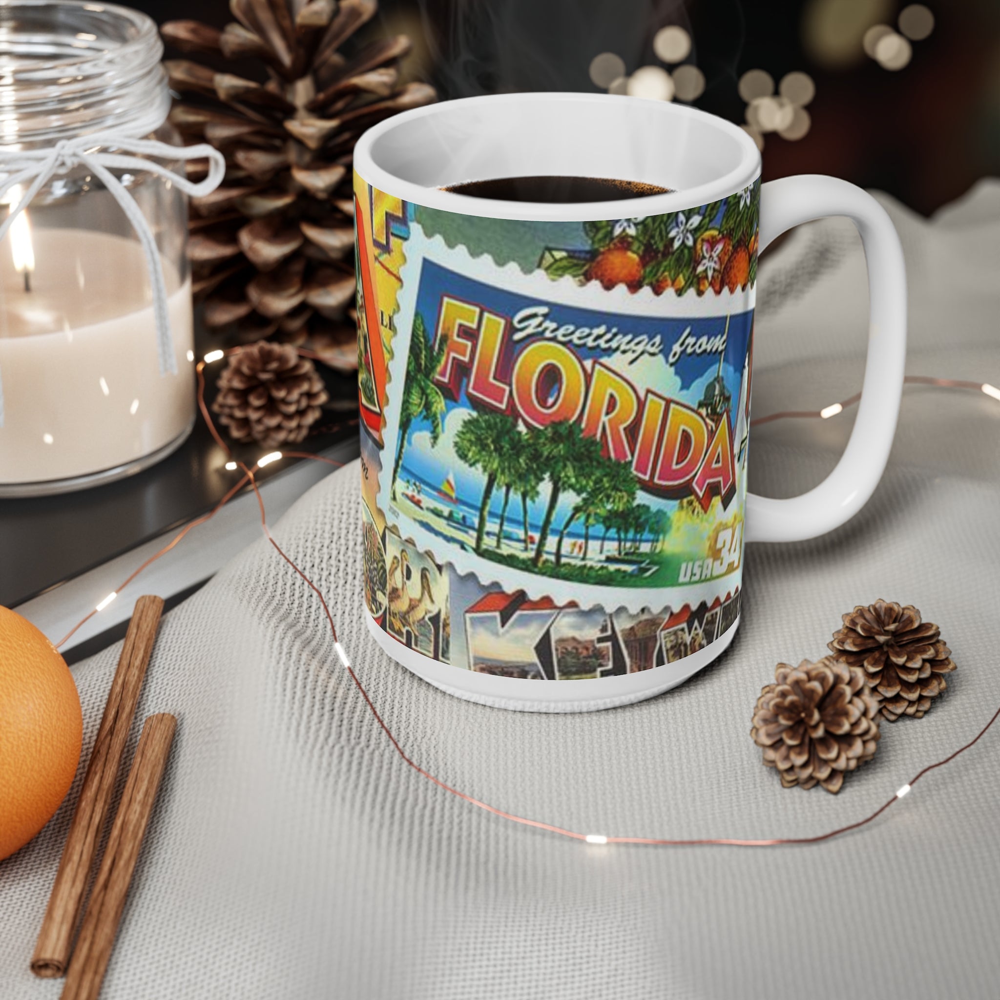 Florida Postcard Ceramic Coffee Mug — 'Greetings from Florida' Retro Travel Design (11oz & 15oz)