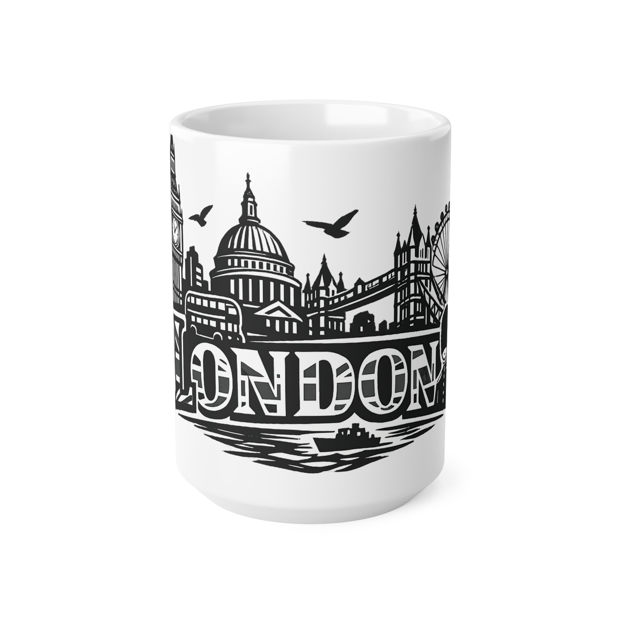 London Skyline Ceramic Mug — Black & White Cityscape Coffee Cup (11oz, 15oz)