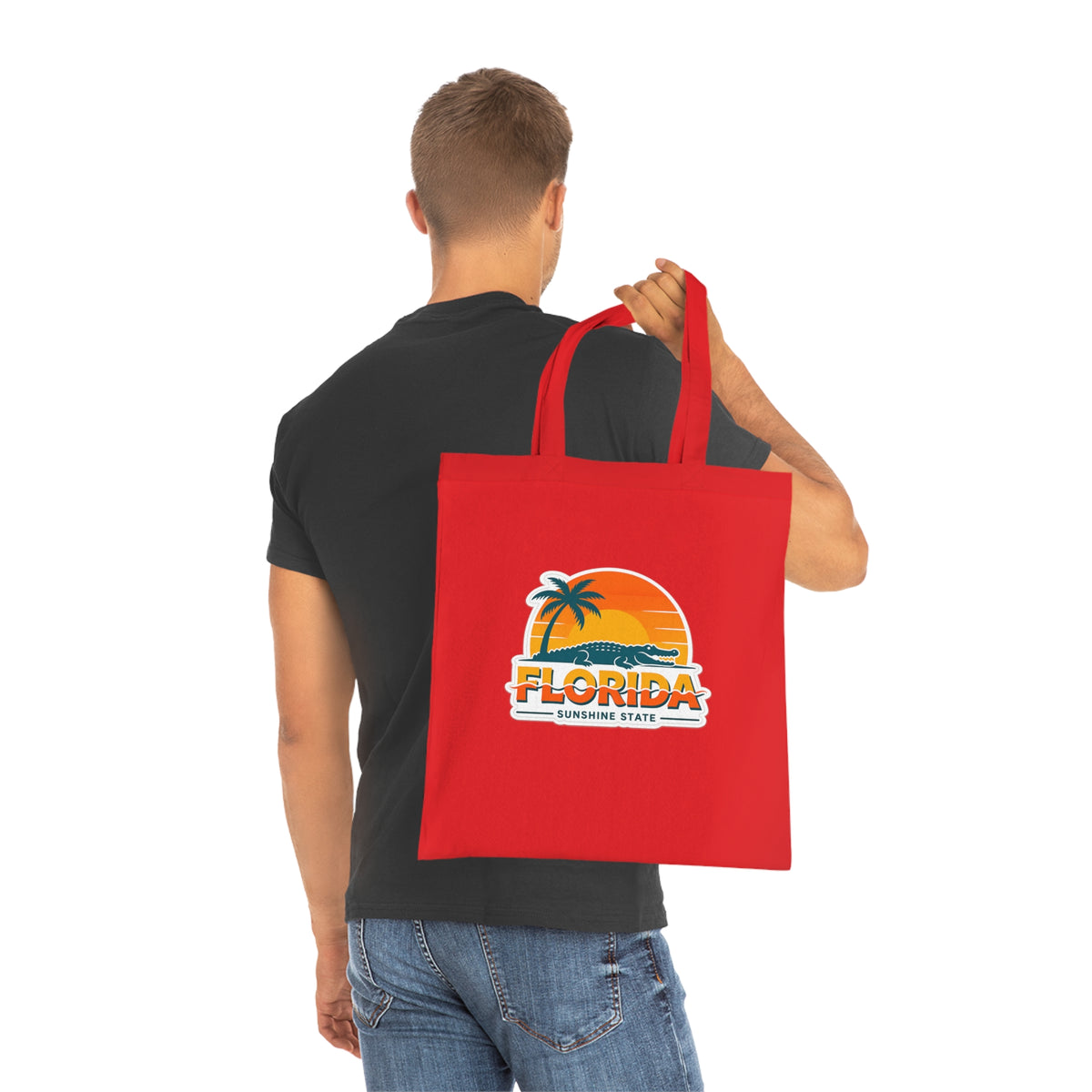 Florida Sunshine State Palm Tree Tote Bag — Retro Beach Sunset Cotton Tote