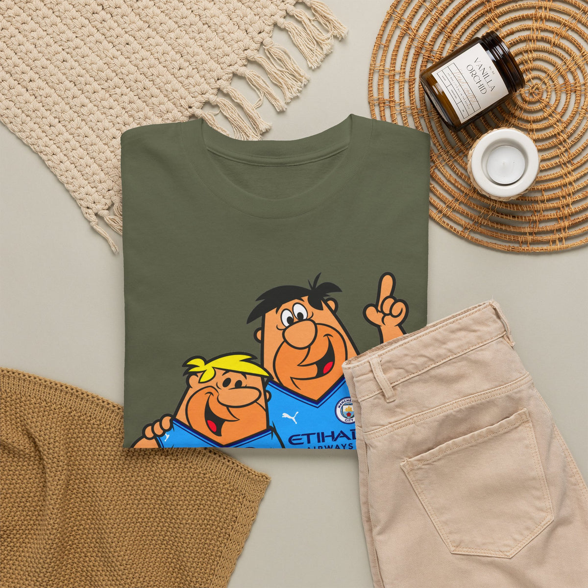 Manchester City The Flintstones Etihad Airways Cartoon Cotton T-Shirt