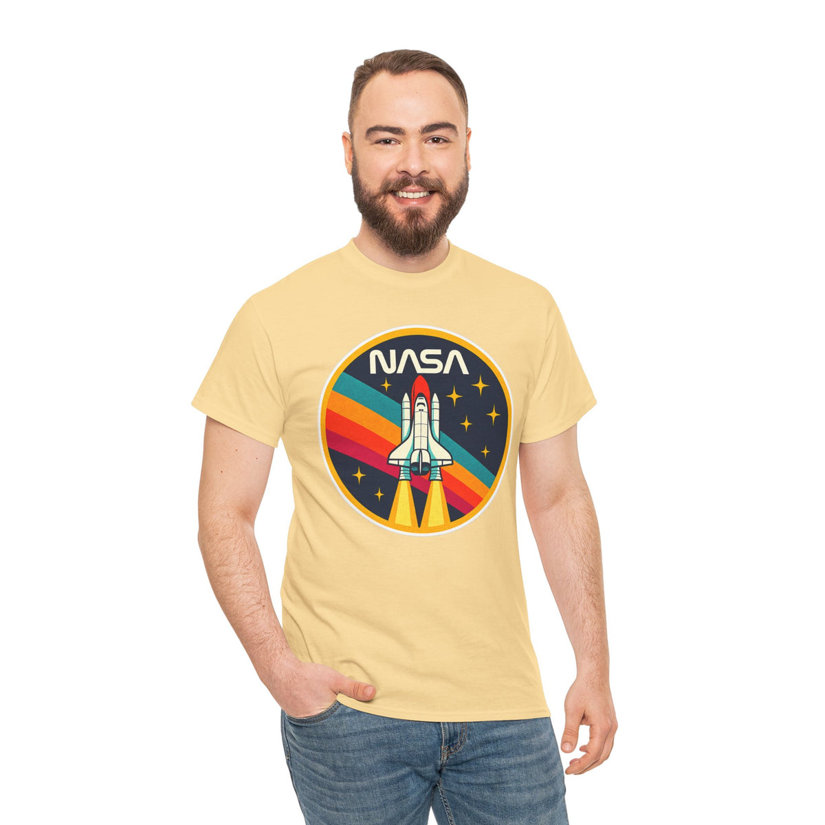 NASA Retro Rocket T‑Shirt — Vintage Space Shuttle Tee with Rainbow Trail
