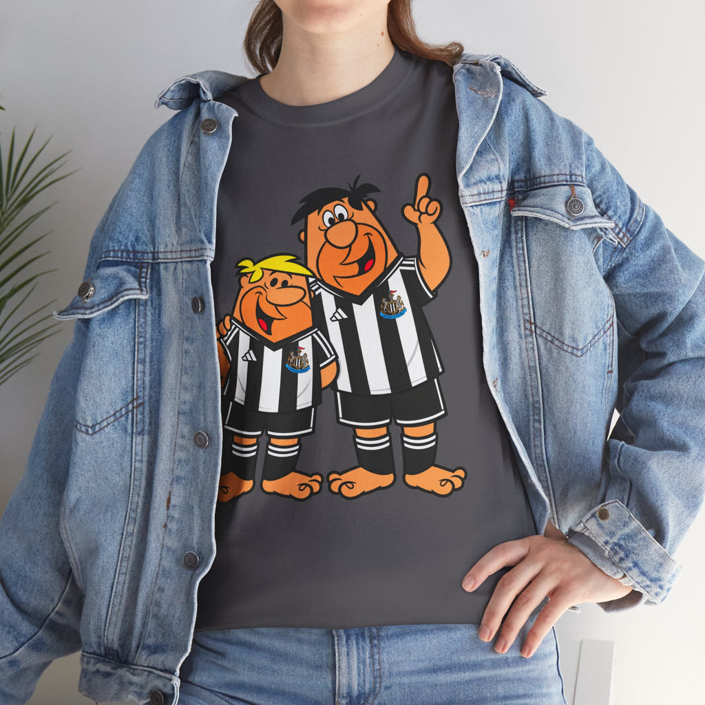 Newcastle United Flintstones Cartoon Cotton T-Shirt / Tee — Retro Striped Jersey Illustrations