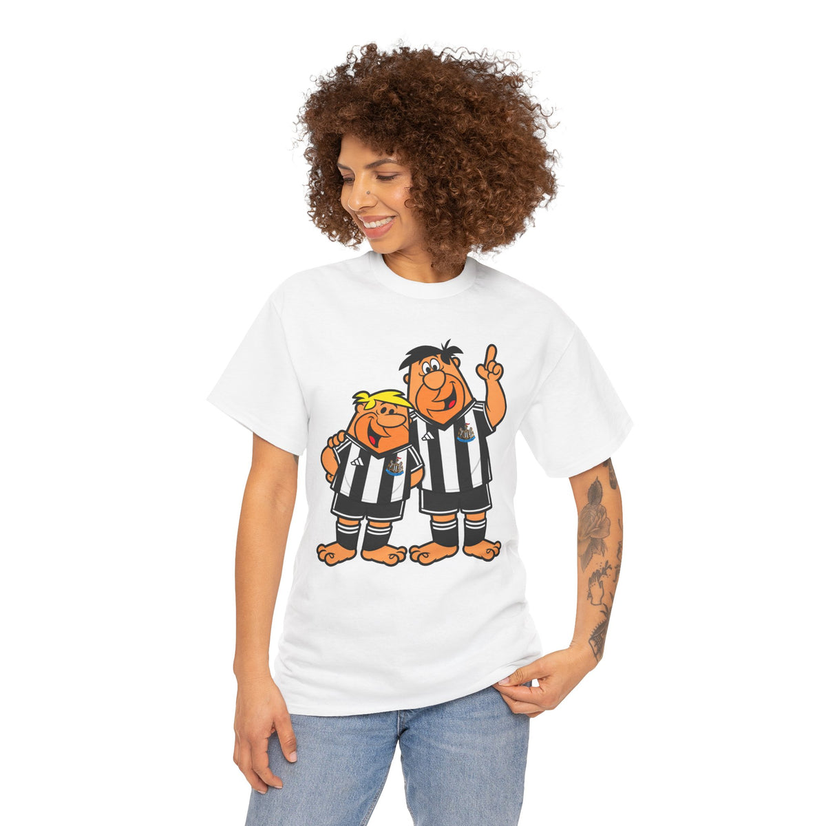 Newcastle United Flintstones Cartoon Cotton T-Shirt / Tee — Retro Striped Jersey Illustrations