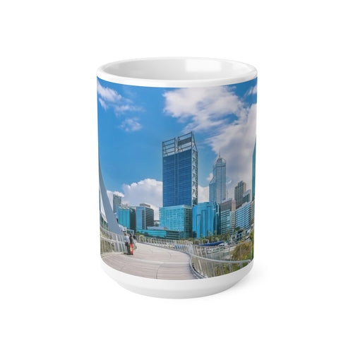City Skyline Ceramic Mug — Modern Urban Bridge Coffee Cup (11oz & 15oz)