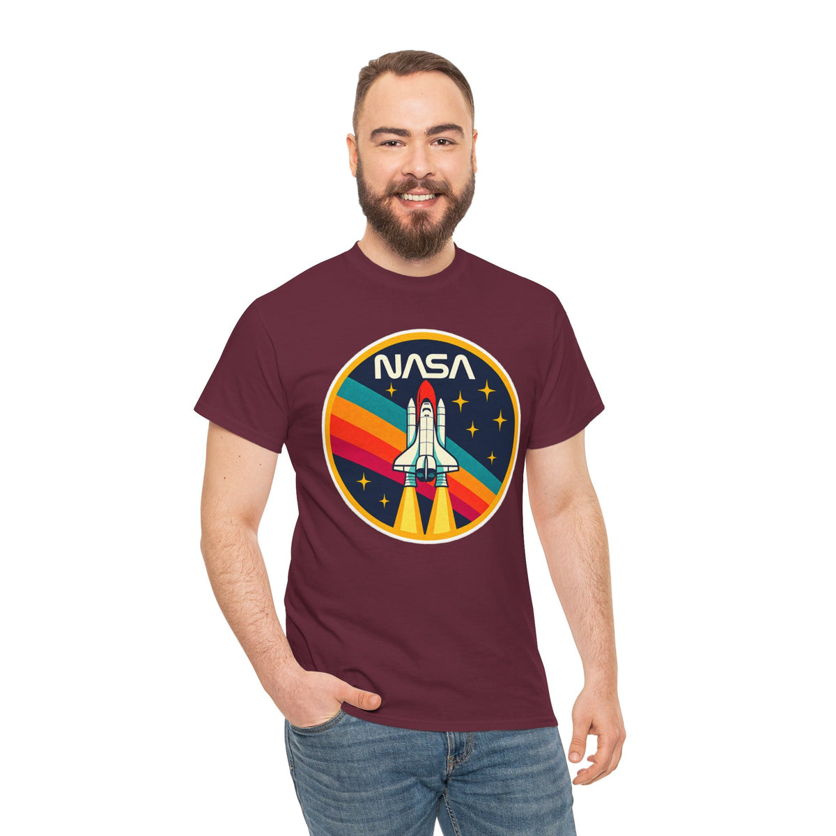 NASA Retro Rocket T‑Shirt — Vintage Space Shuttle Tee with Rainbow Trail