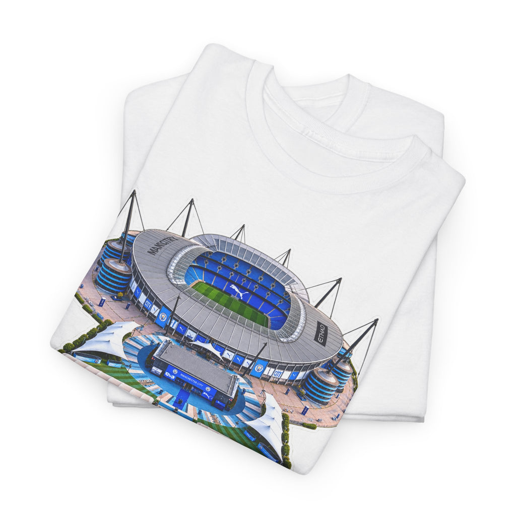 Manchester City Etihad Stadium Illustration T-Shirt — Retro Soccer Arena Graphic Tee
