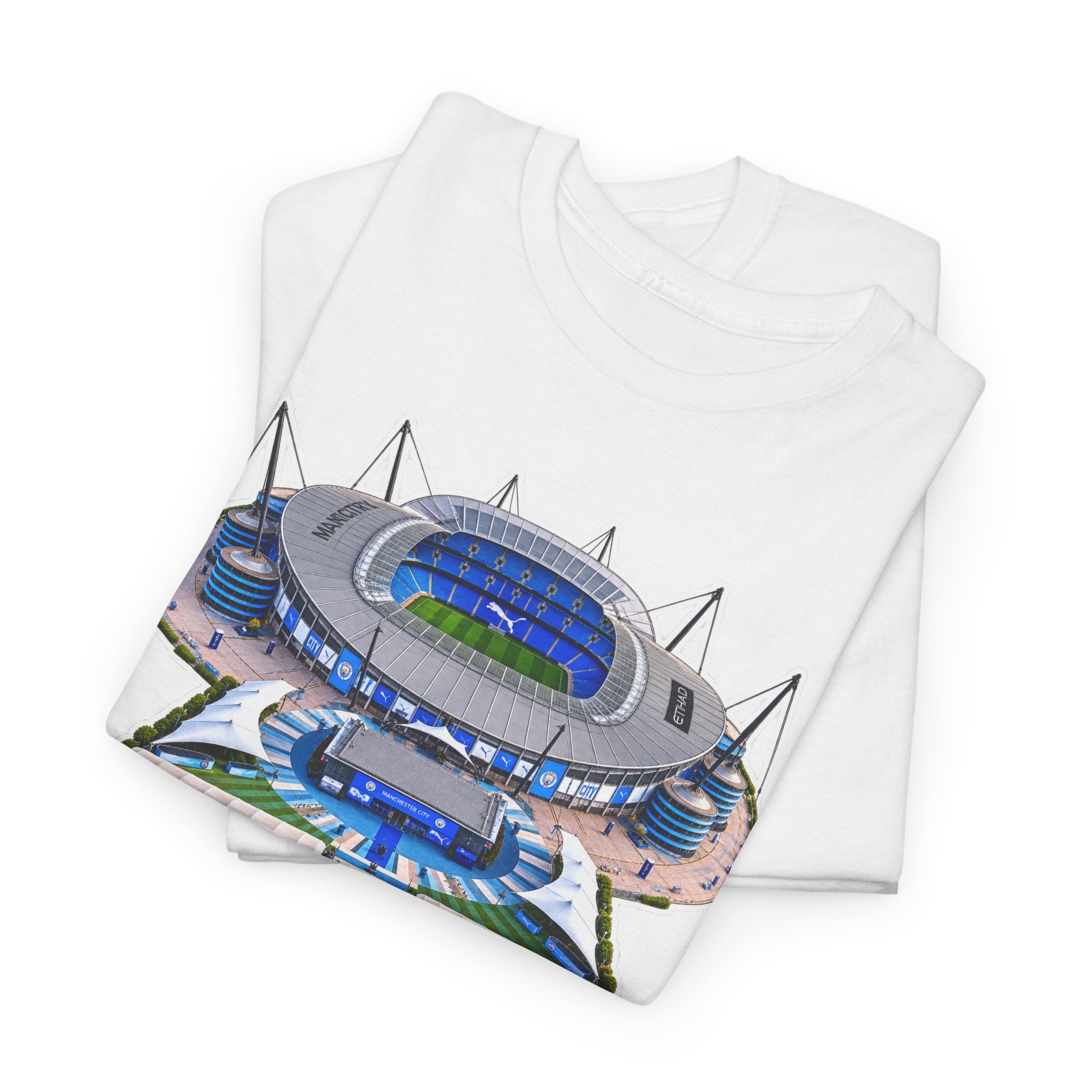 Manchester City Etihad Stadium Illustration T-Shirt — Retro Soccer Arena Graphic Tee