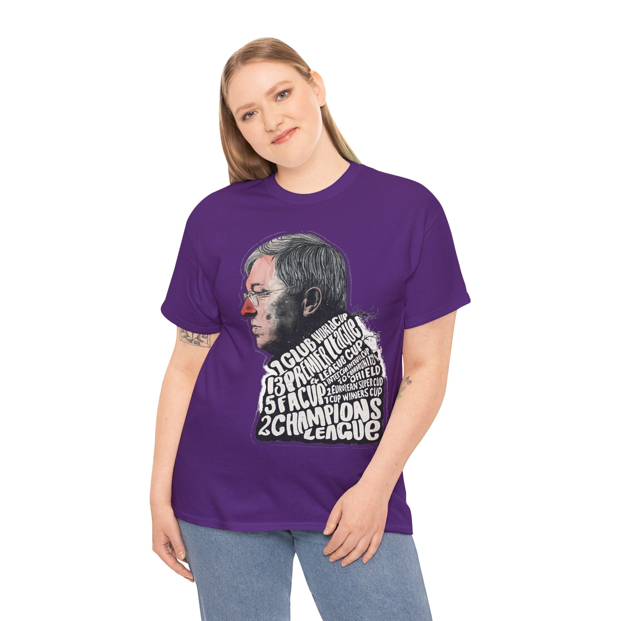 SIr Alex Ferguson Achievements Vintage Football Manager Profile Tee — Illustrated Head with Trophy Text Design