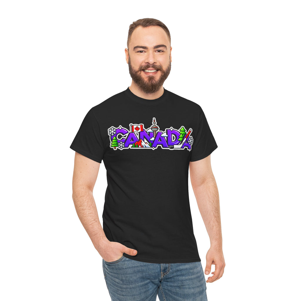 Canada Cartoon Graphic Tee — Canadian Landmark & Flag Travel T‑Shirt