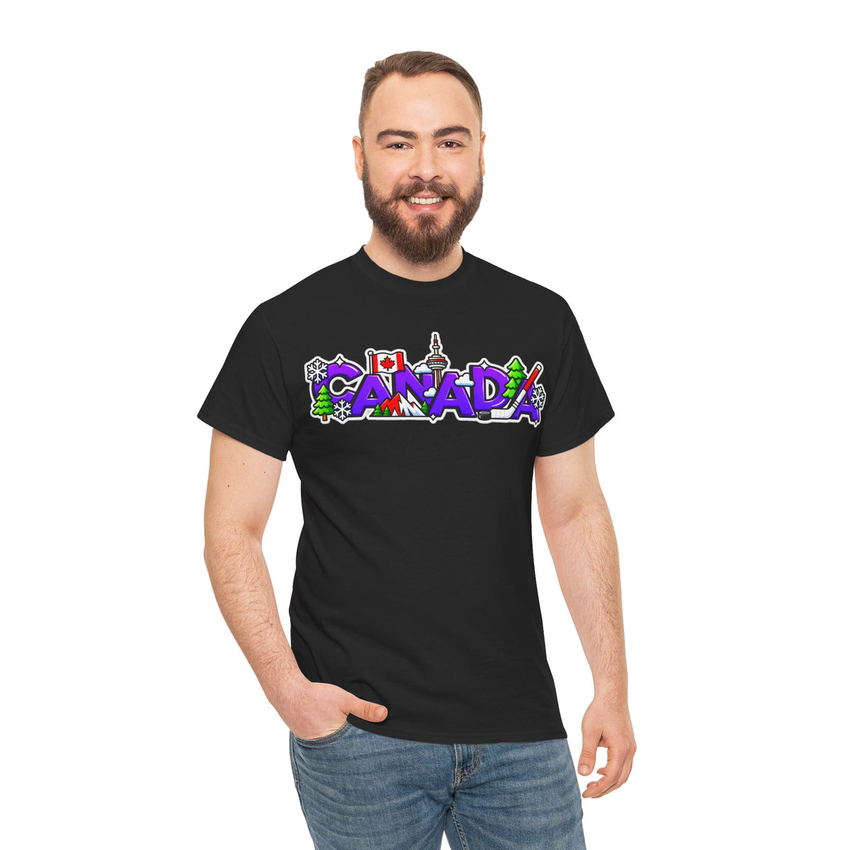 Canada Cartoon Graphic Tee — Canadian Landmark & Flag Travel T‑Shirt