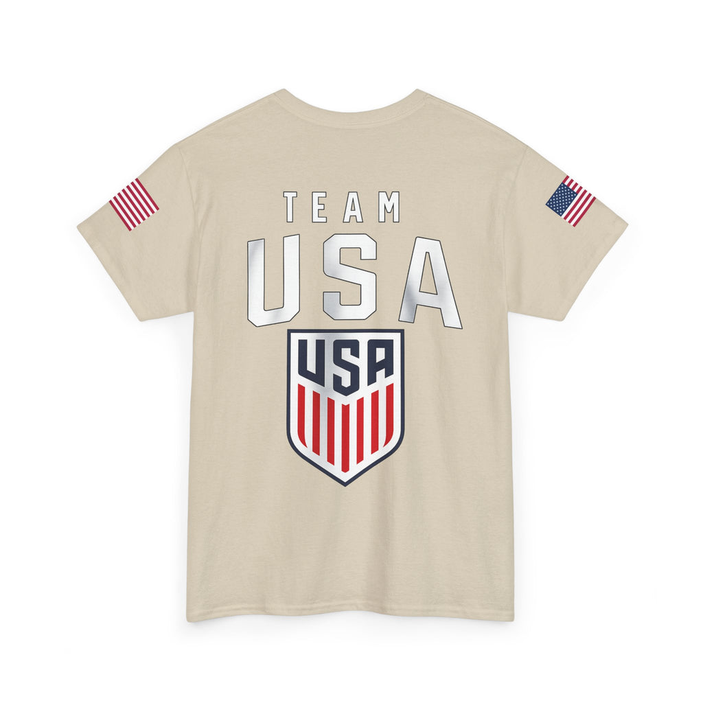 Team USA Flag T‑Shirt — Patriotic Navy Tee with Back Shield Logo