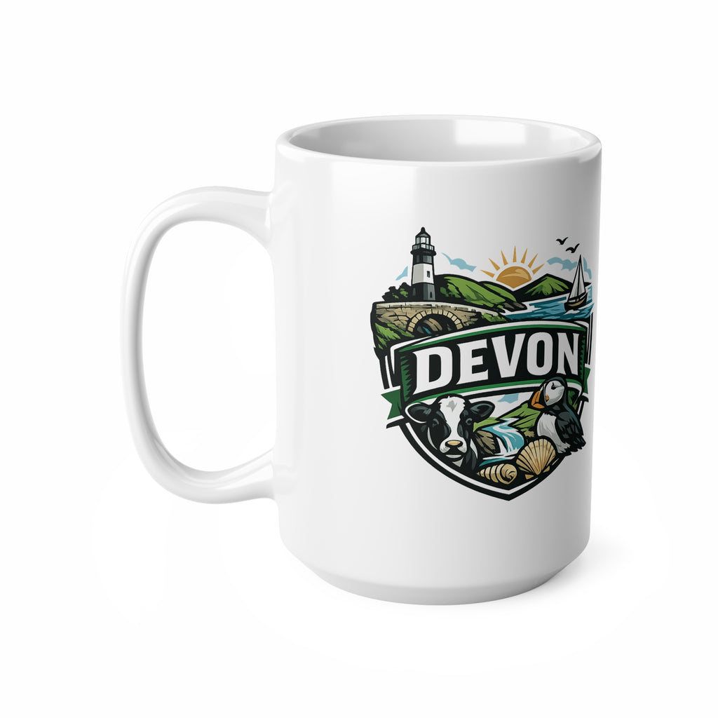 Devon Scenic Mug — Coastal Lighthouse, Puffin & Cow Ceramic Coffee Cup (11oz & 15oz)