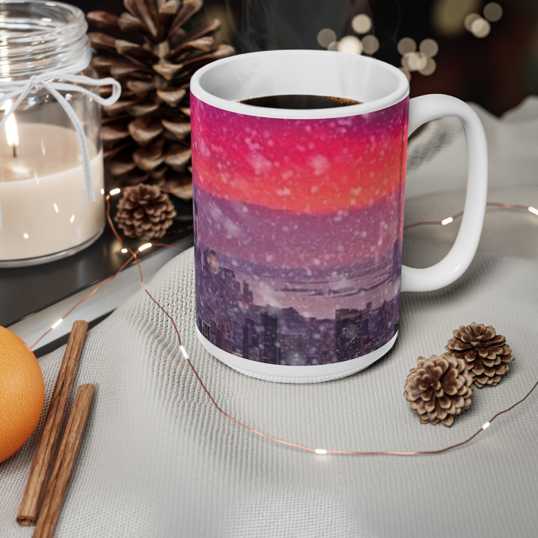 New York City Skyline Mug — Pink Sunset Snowfall Ceramic Coffee Cup (11oz & 15oz)
