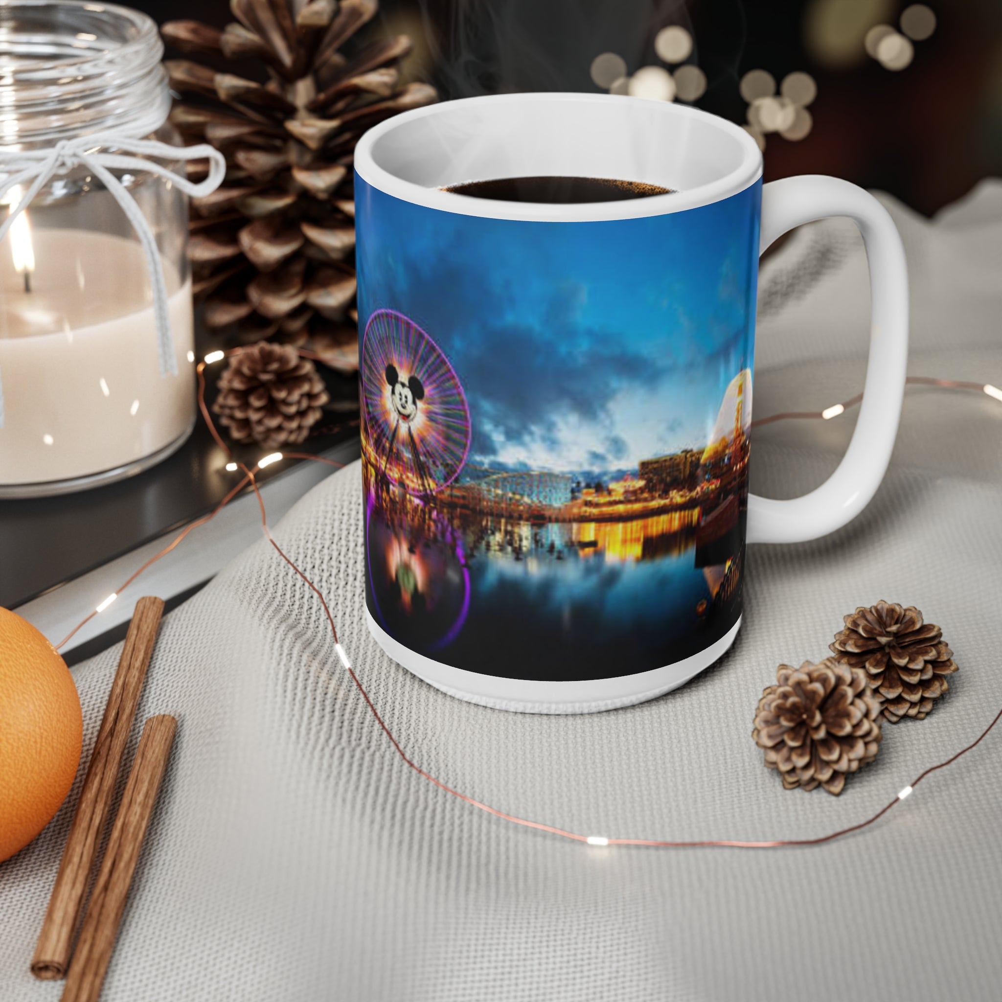 Disneyland Nighttime Theme Park Ferris Wheel Mug — Colorful Reflection Ceramic Coffee Cup (11oz/15oz)