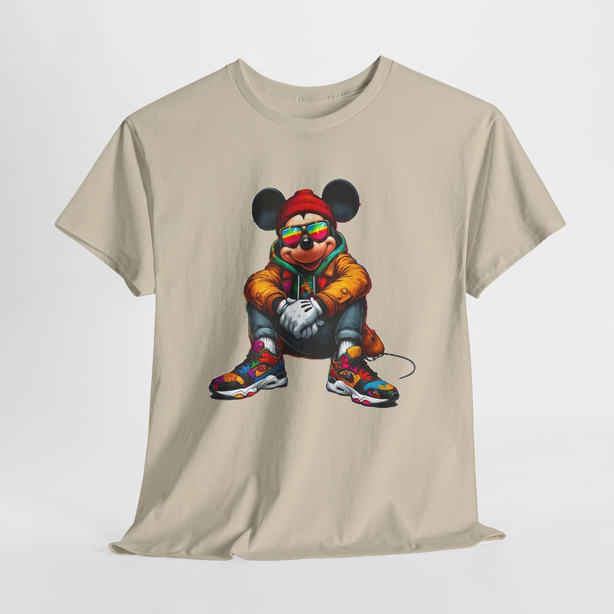 Mickey Mouse Streetwear Graphic Tee — Hip-Hop Mouse Character Sitting in Sneakers
