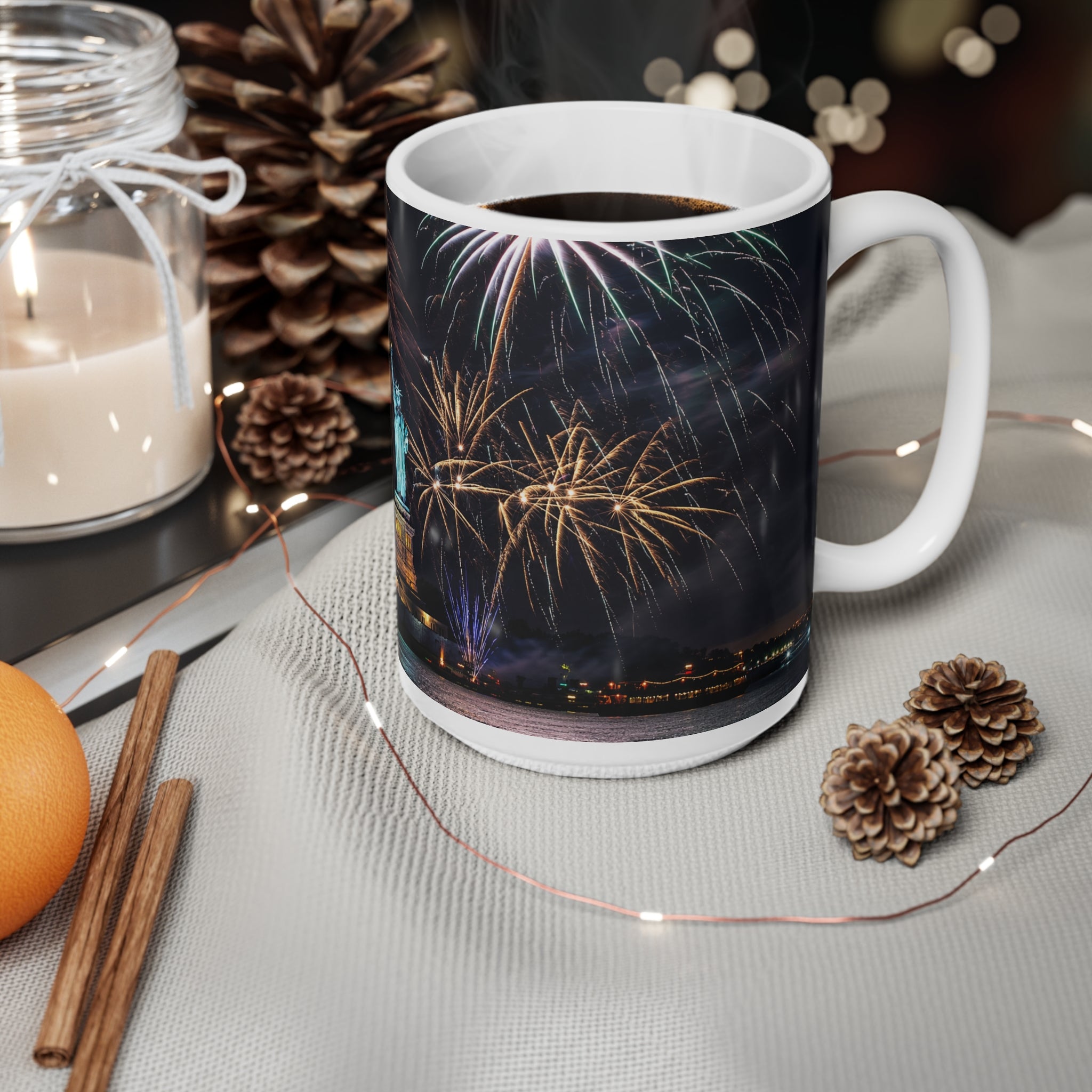 Statue of Liberty Fireworks Coffee Mug — 11oz/15oz Ceramic