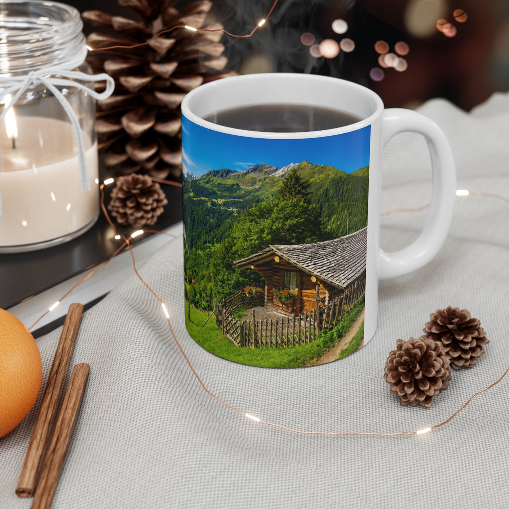 Scenic Alpine Valley Mug — Panoramic Mountain Landscape Ceramic Coffee Cup (11oz, 15oz)
