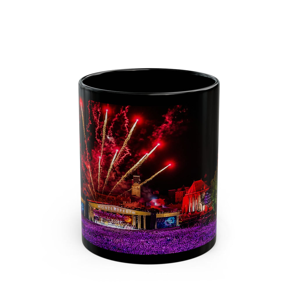 Andre Rieu Fireworks Night Skyline Black Coffee Mug — Colorful Cityscape 11oz/15oz
