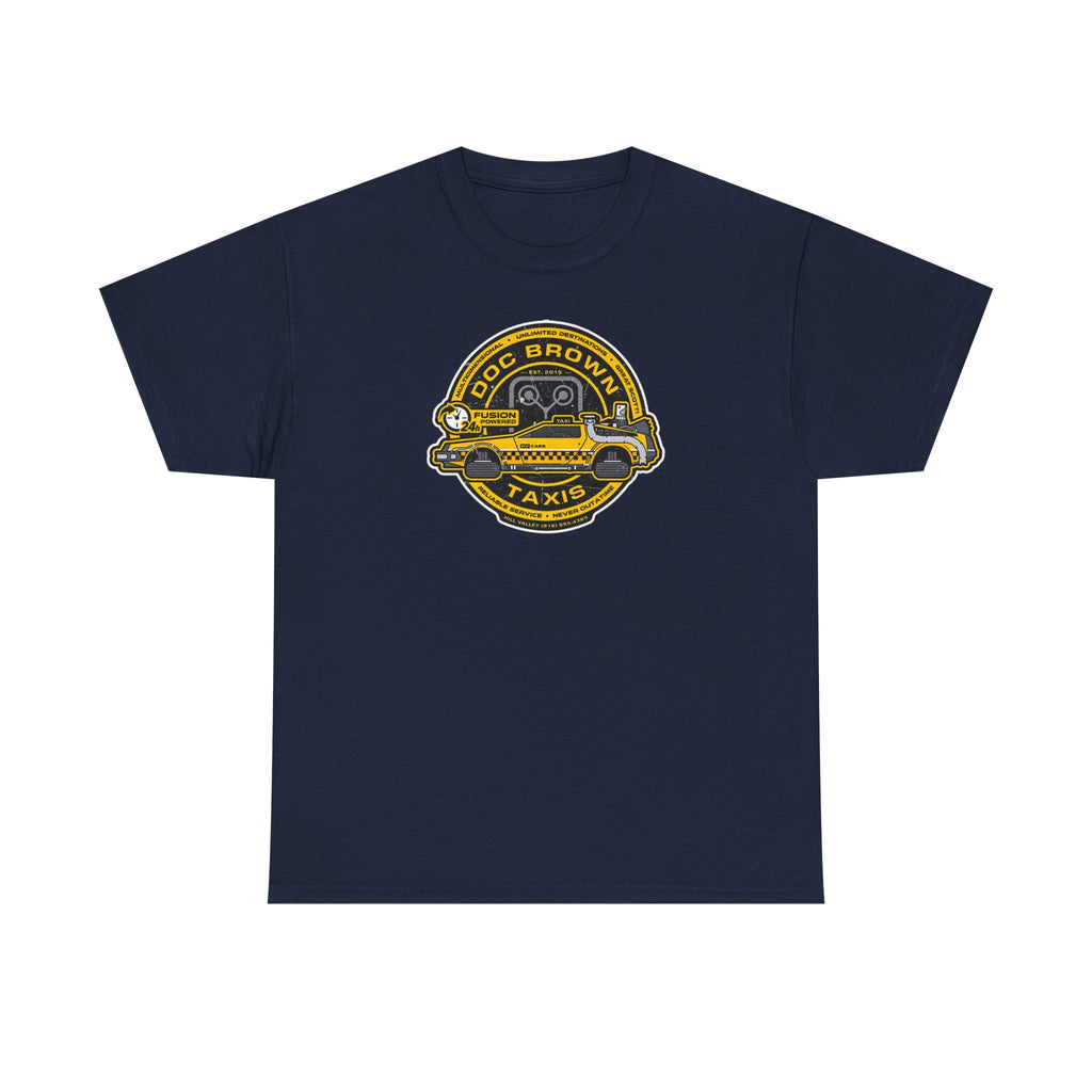 Vintage Taxi Badge T-Shirt — 'Doc Brown Taxis' Retro Cab Logo Tee