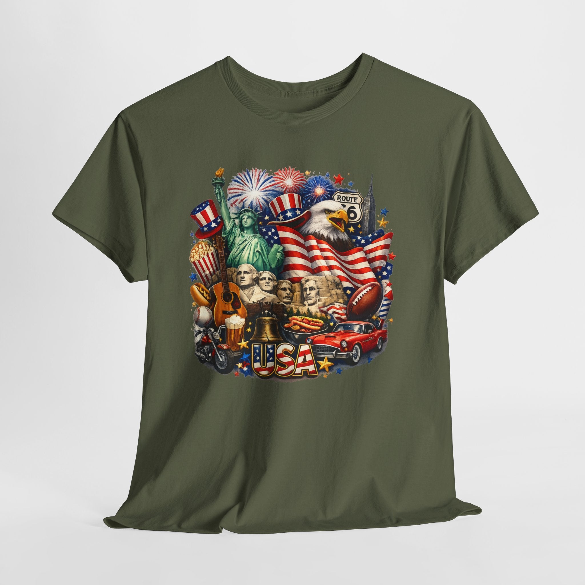 Patriotic USA Graphic Tee – American Flag, Statue of Liberty & Fireworks T-Shirt