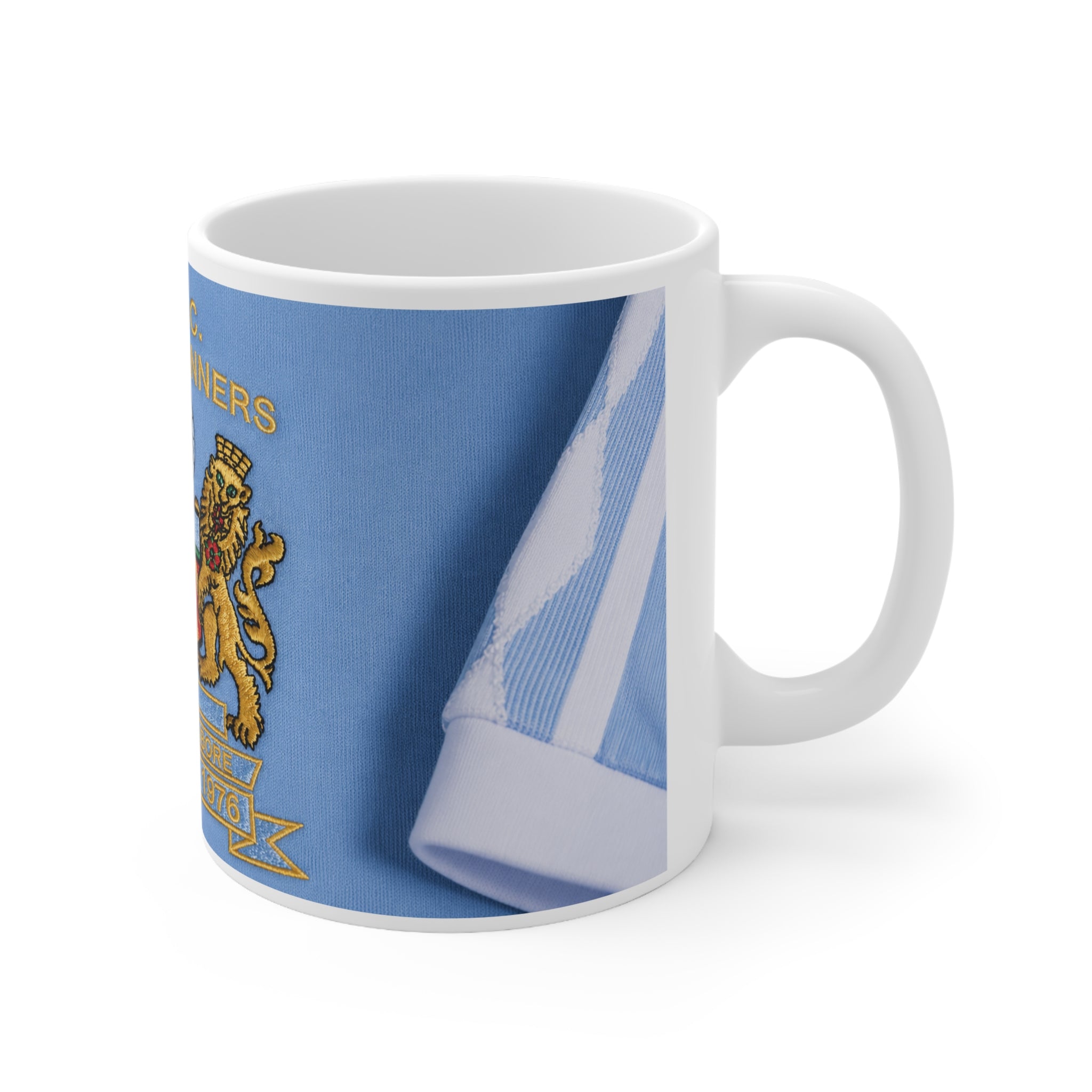 Manchester City Football Club Crest Mug — 'M.C.F.C. F.L. Cup Winners 1976' Ceramic Coffee Cup (11oz, 15oz)