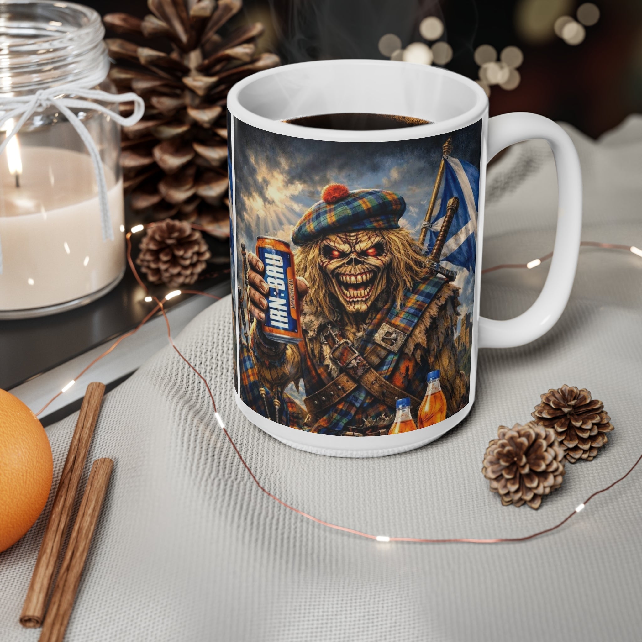 Scottish Heavy Metal Skull Mug — 'Iron-Bruh' Kilted Skeleton Coffee Cup (11oz & 15oz)