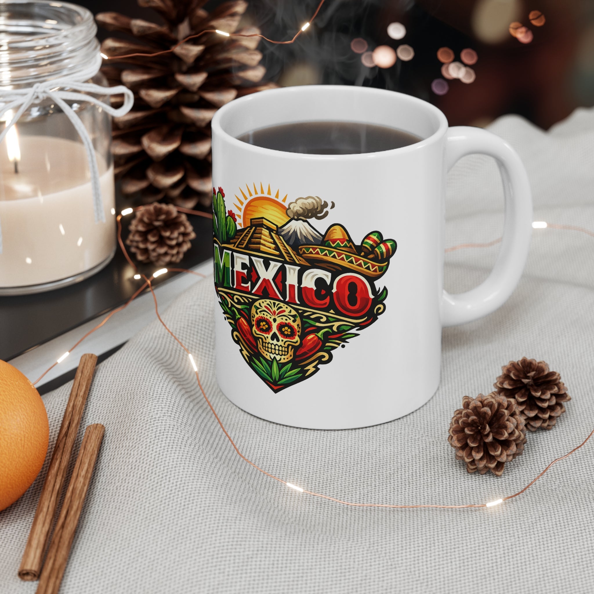 Mexico Travel Coffee Mug — Colorful Sugar Skull & Sunset Ceramic Mug (11oz/15oz)