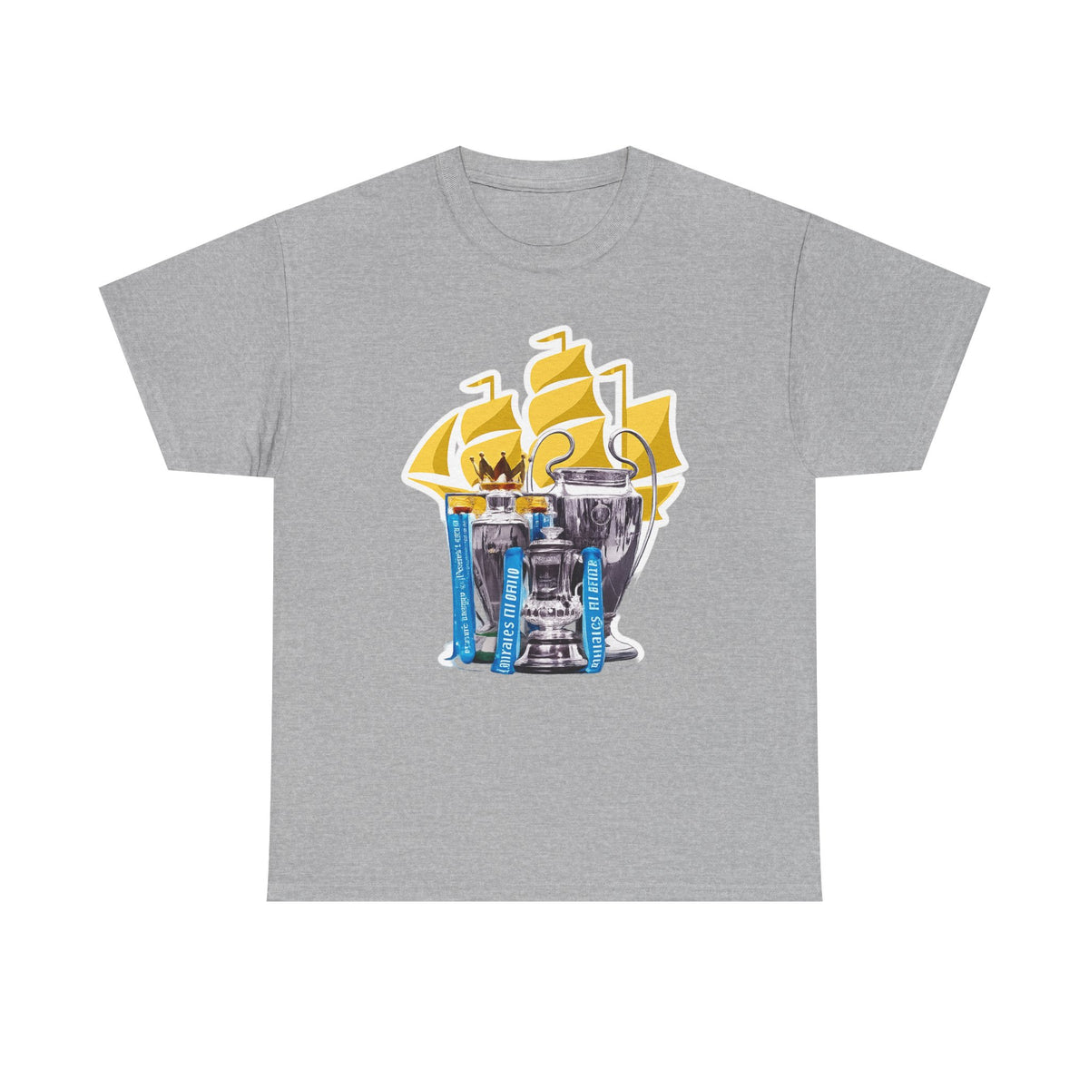 Manchester City Champions Trophy Tee – Golden Cups & Blue Scarves Football Fan Shirt
