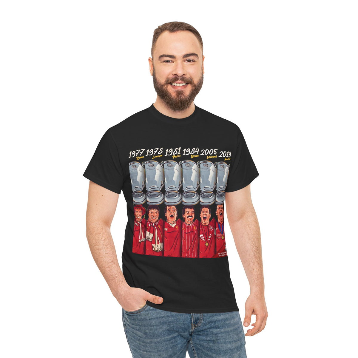 Liverpool Champions Timeline Tee — Liverpool European Cup Winners (1977, 1978, 1981, 1984, 2005, 2019)