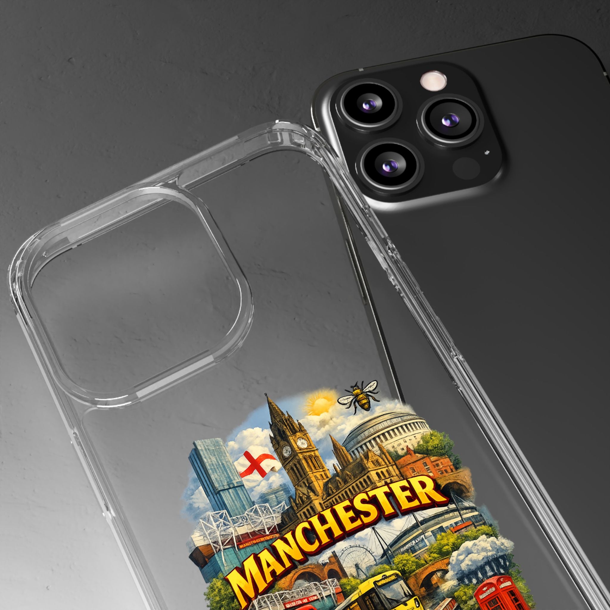 Manchester Landmark Clear Phone Case — Cityscape Collage Design