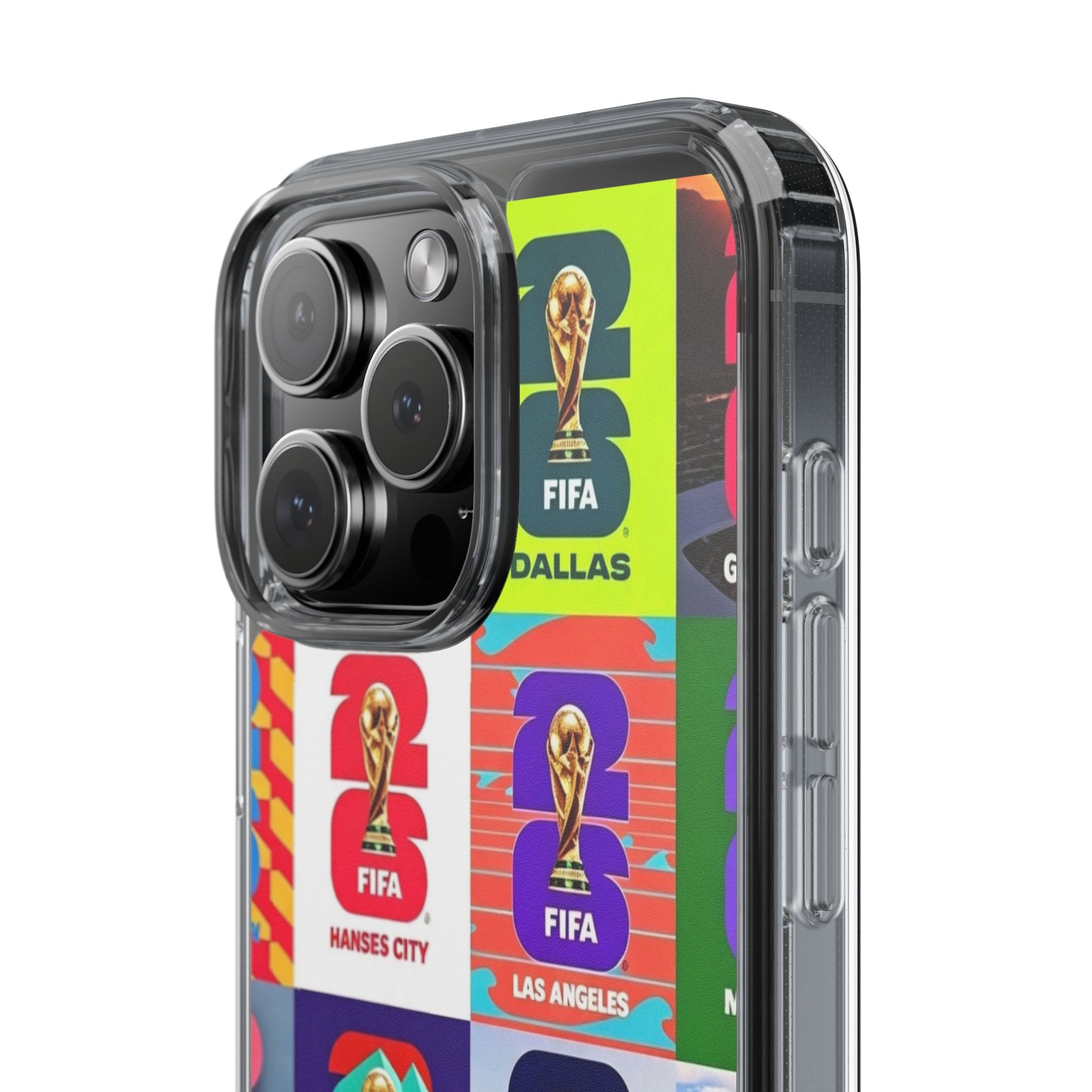 FIFA World Cup Pop Art Clear Phone Case — City Badge Collage (Dallas, LA, Monterrey, Toronto, Seattle)