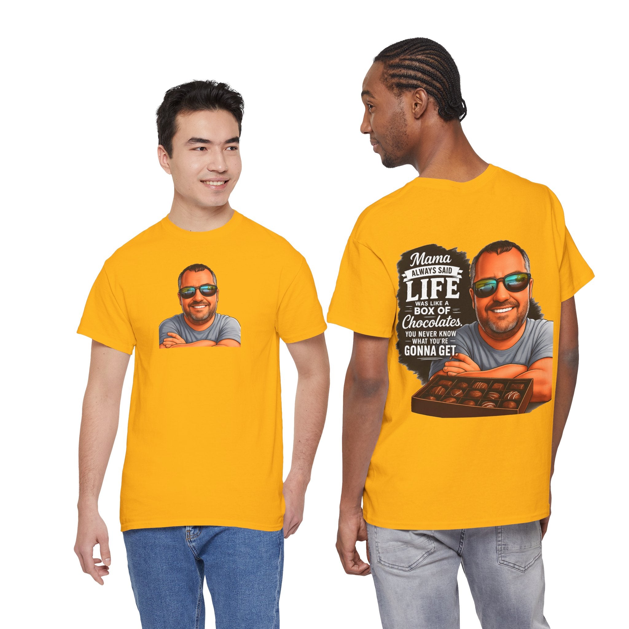 T-Shirt — "Mama Always Said Life Is Like A Box Of Chocolates" Graphic Tee (Funny Retro Portrait)