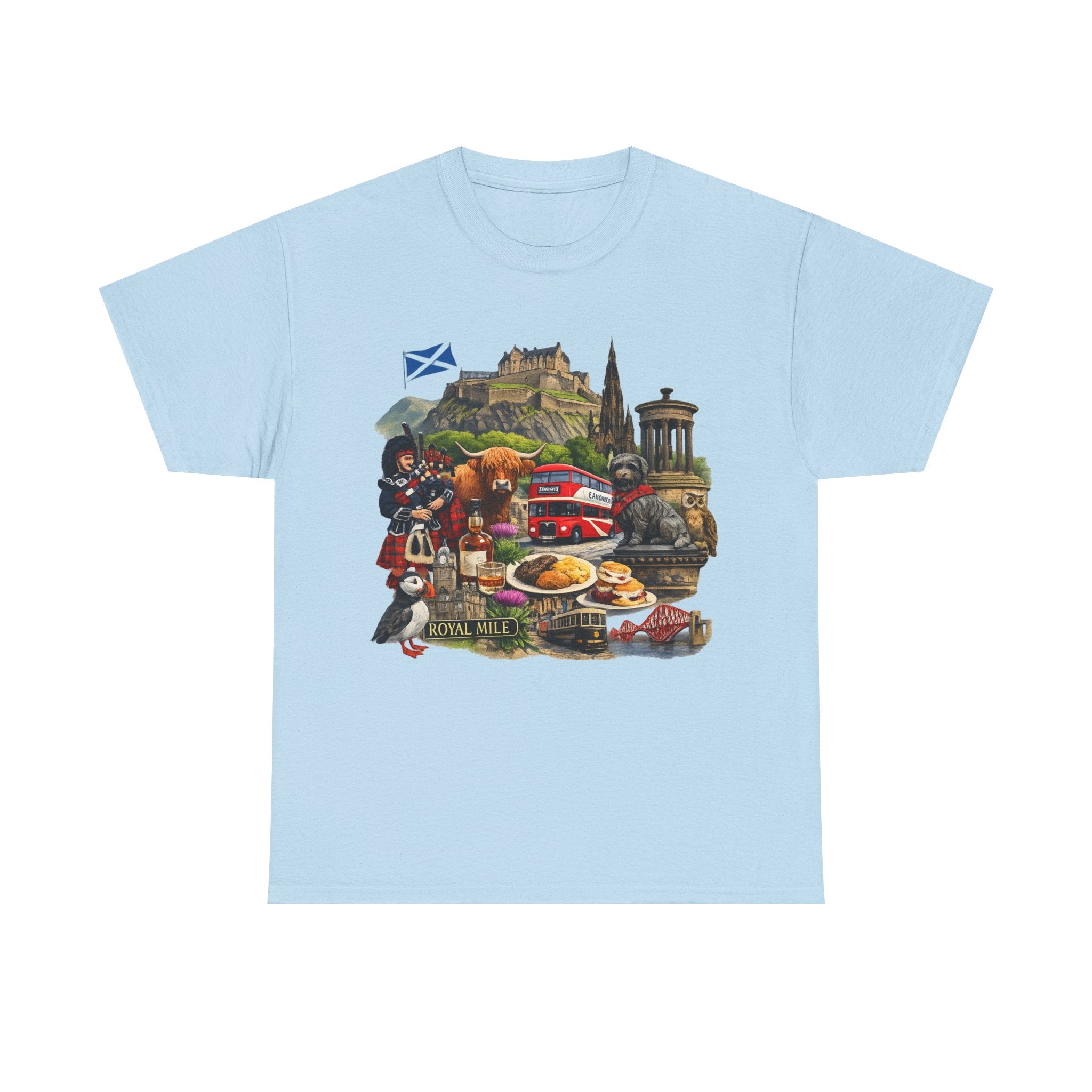 Scotland / Edinburgh Travel Collage T-Shirt — Edinburgh Castle, Bagpipes & Local Icons