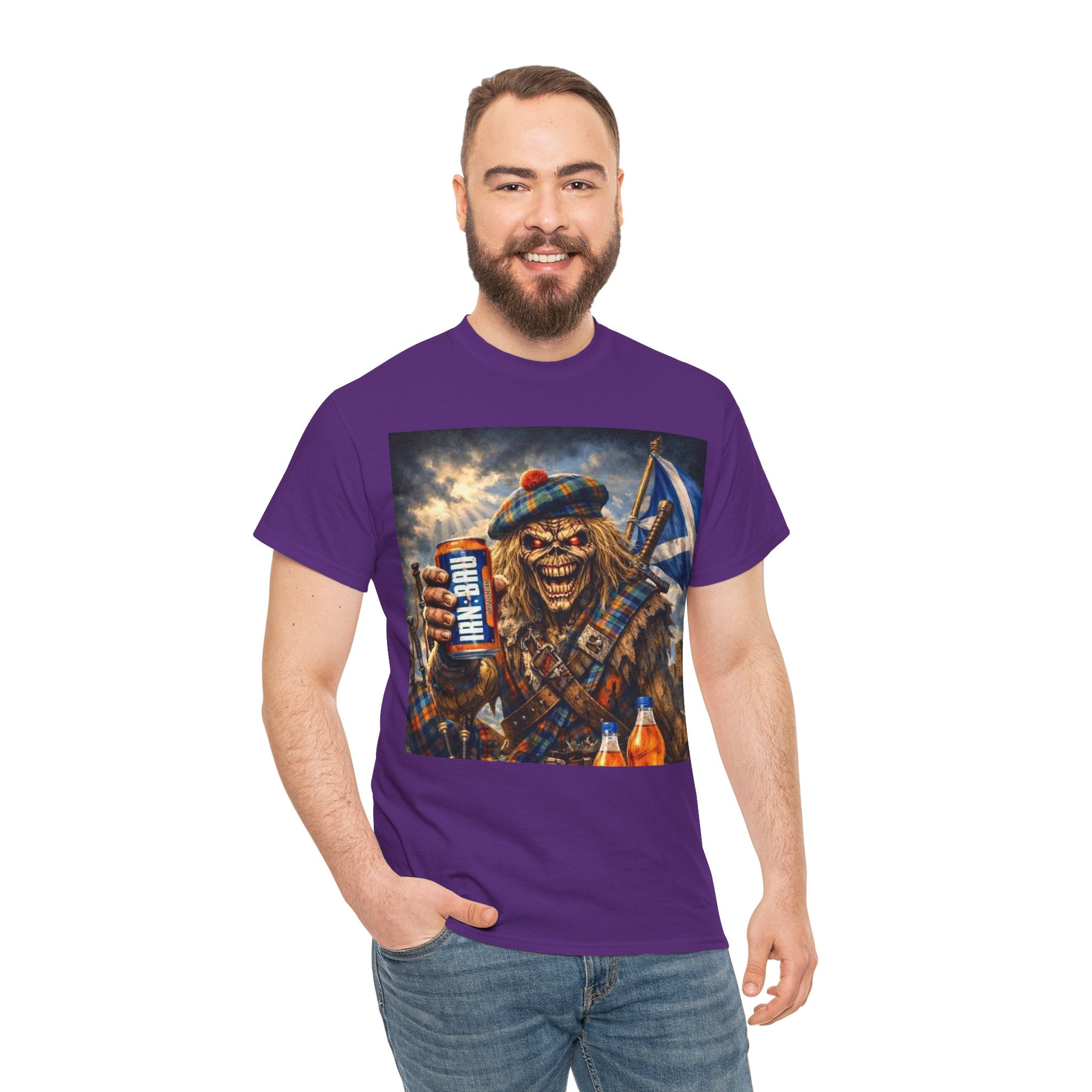 Scottish Rock Skull T‑Shirt — Eddie the Piper with Flag & Can Graphic Tee